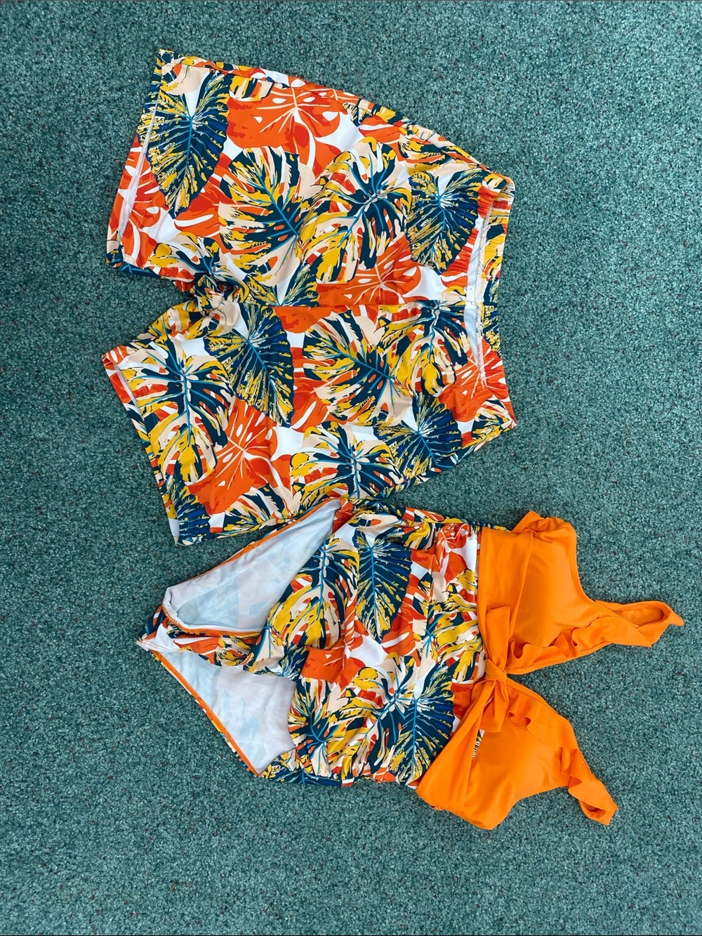 Tropical Leaf Print Two-Piece Swim Set in Orange, Yellow & Blue